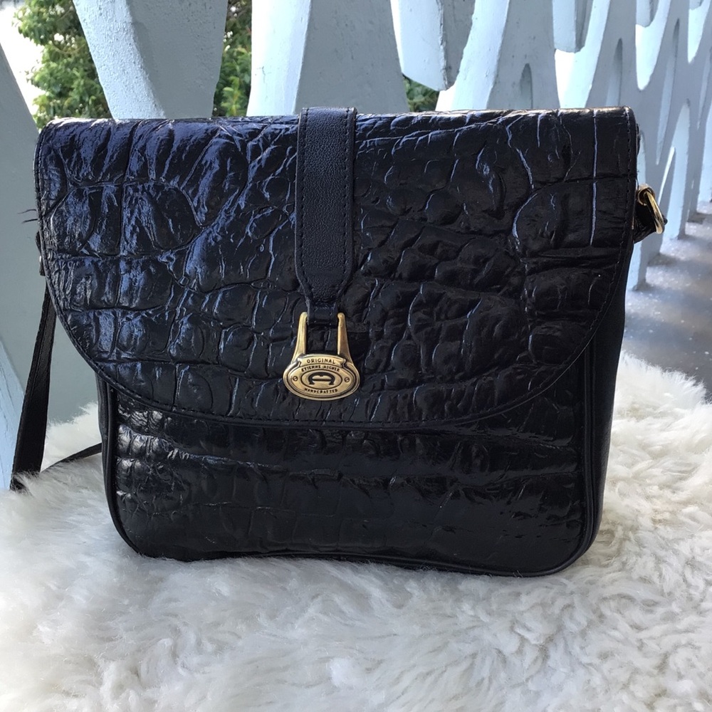 Original Etienne Aigner Handcrafted Black Croc-Embossed Leather Crossbody